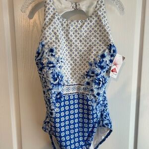 NWT Size 18 Lands End Women's Tugless High Neck Portrait Back One Piece Swimsuit